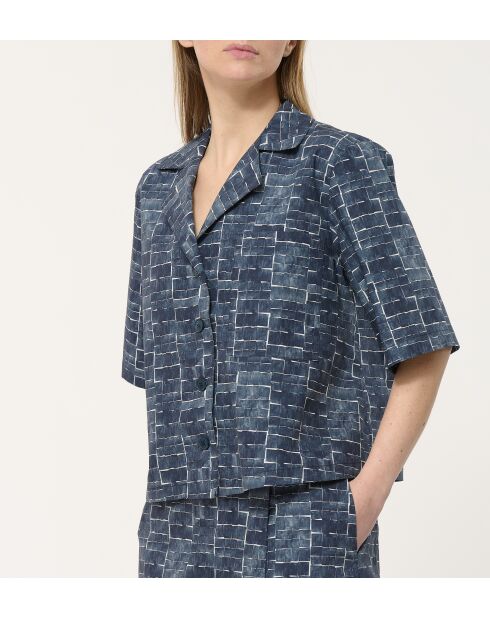 Marineblauw Bao kort hemd van katoen met neo-ruitjes