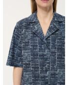 Marineblauw Bao kort hemd van katoen met neo-ruitjes