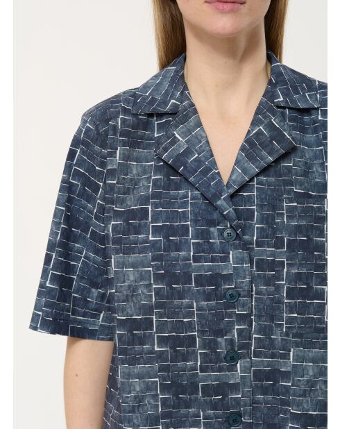 Marineblauw Bao kort hemd van katoen met neo-ruitjes