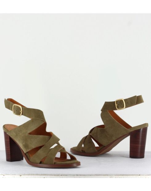 Sandra13 Khakifarbene Veloursledersandalen - 8 cm Absatz