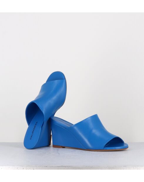 Zusa01 blauwe leren sandalen met sleehak en muiltjes - Hak 8cm