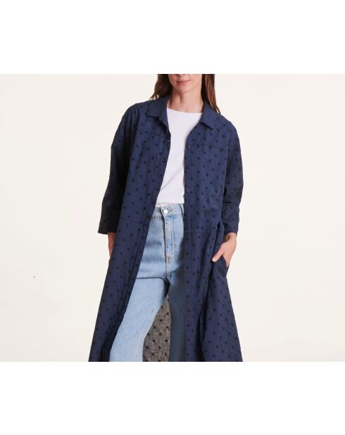 Marineblauw lang shirt van katoen met geborduurde bloemen van bamboe