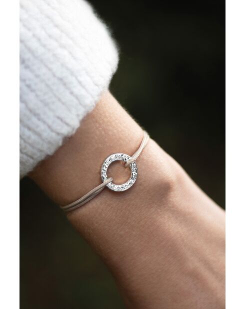 Bracelet Cercle plat plaqué argent martelé/beige