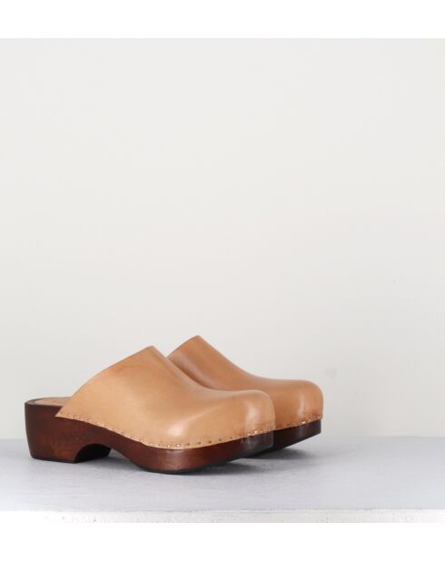 5060 beigefarbene Lederclogs - 5 cm Absatz