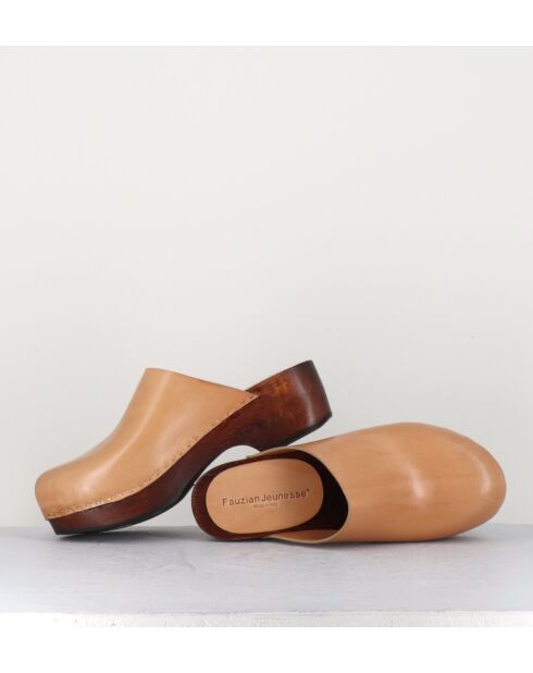 5060 beigefarbene Lederclogs - 5 cm Absatz