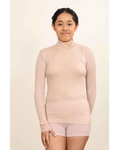 Unterhemd aus Wolle und Mikrofaser mit Trichterausschnitt, Spitze in Antikrosa