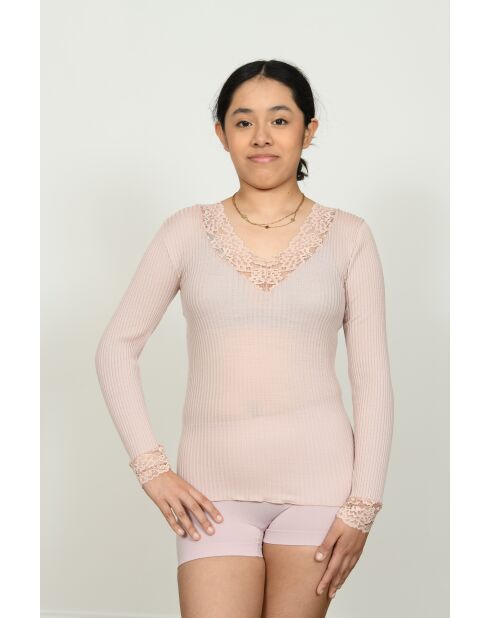 Top aus Wolle und Mikrofaser mit V-Ausschnitt und antiker rosa Spitze