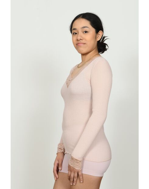 Top aus Wolle und Mikrofaser mit V-Ausschnitt und antiker rosa Spitze