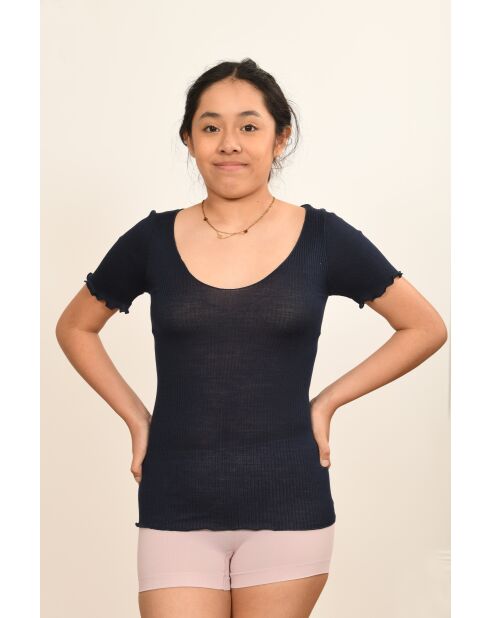 Top de lana y seda de lana y seda sin costuras en azul