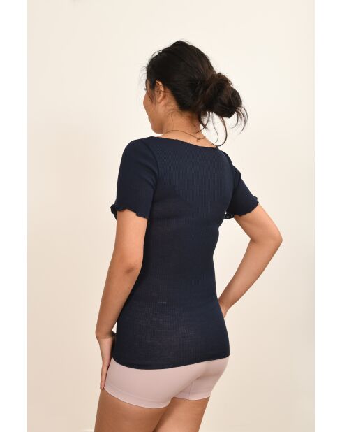 Top de lana y seda de lana y seda sin costuras en azul