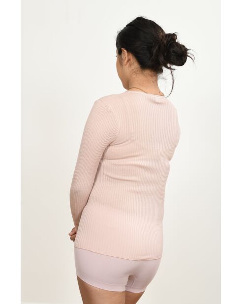 Unterhemd aus Wolle und Mikrofaser, Rundhalsausschnitt, antikrosa Spitze