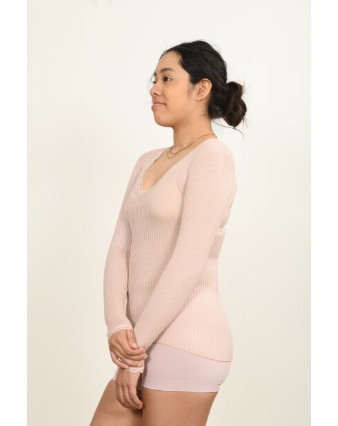 Unterhemd aus Wolle und Mikrofaser, Rundhalsausschnitt, antikrosa Spitze