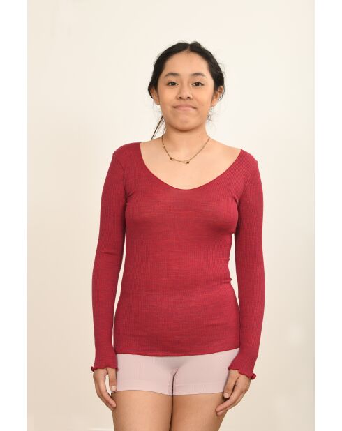 Top en Laine & Soie col V sans coutures framboise