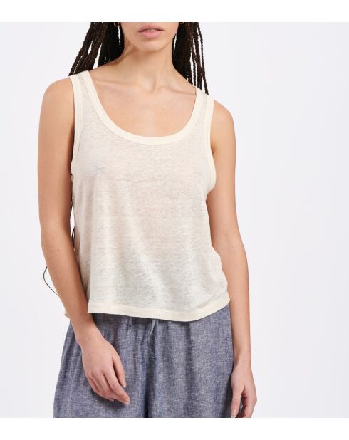 Ecru tanktop van ecru linnen jersey met brandewijn