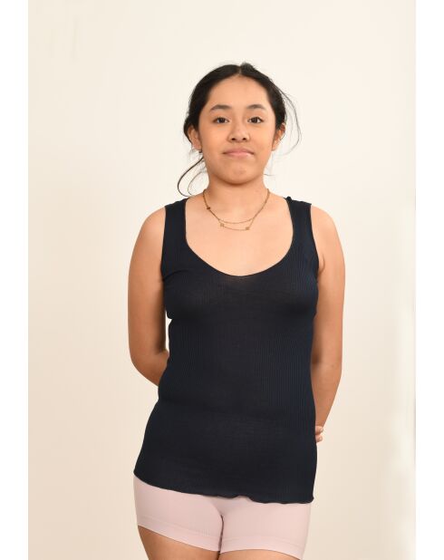 Débardeur en Coton & Soie Bretelles fines contours dentelle bleu marine