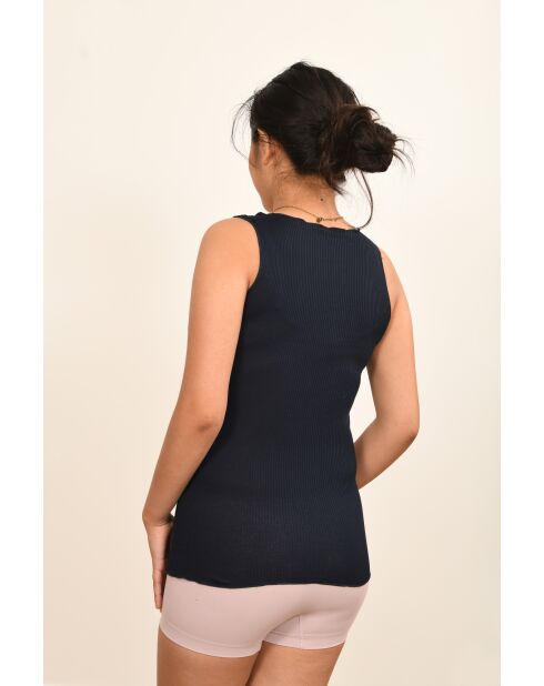 Débardeur en Coton & Soie Bretelles fines contours dentelle bleu marine