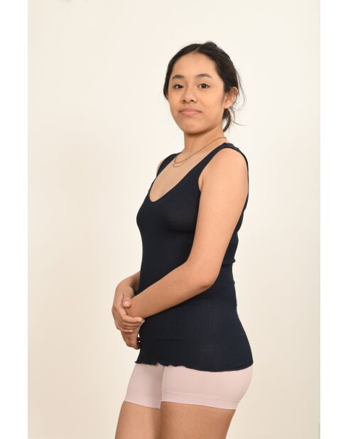 Débardeur en Coton & Soie Bretelles fines contours dentelle bleu marine