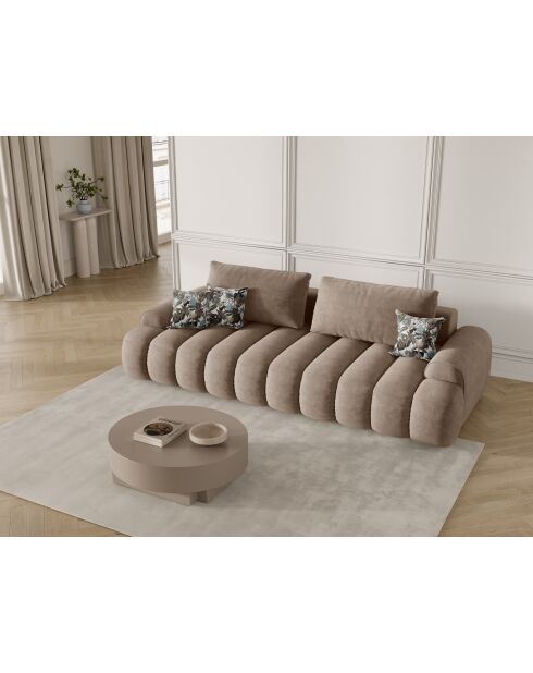 Canapé velours convertible avec coffre de rangement Simona 4 places beige foncé - 250x100x84 cm