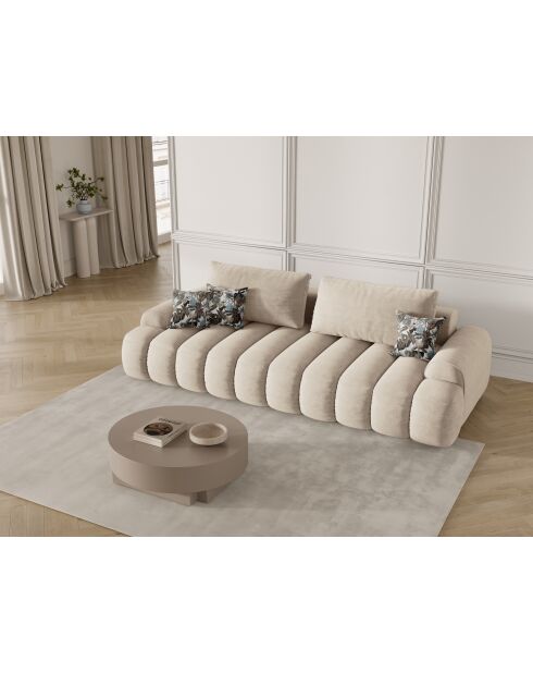 Canapé velours convertible avec coffre de rangement Simona 4 places beige clair - 250x100x84 cm