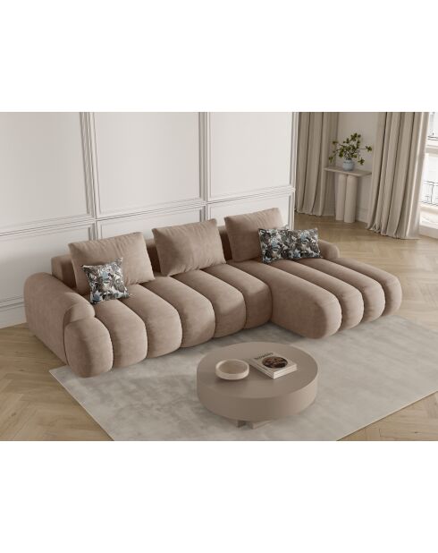 Canapé d'angle droit velours convertible avec coffre de rangement Simona 3 places beige foncé - 275x142x84 cm