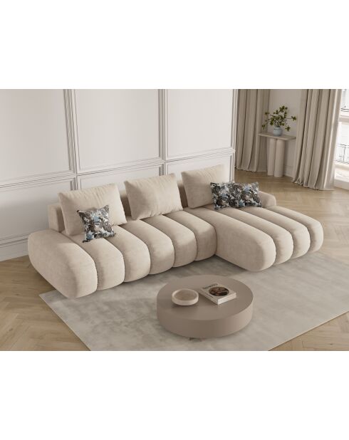 Canapé d'angle droit velours convertible avec coffre de rangement Simona 4 places beige clair - 275x142x84 cm