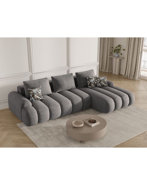 Canapé d'angle droit velours convertible avec coffre de rangement Simona 3 places gris - 275x142x84 cm
