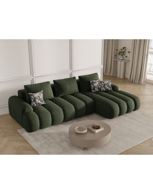 Canapé d'angle droit velours convertible avec coffre de rangement Simona 3 places vert - 275x142x84 cm