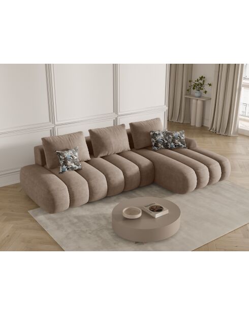 Canapé d'angle droit velours convertible avec coffre de rangement Simona 4 places beige foncé - 275x142x84 cm