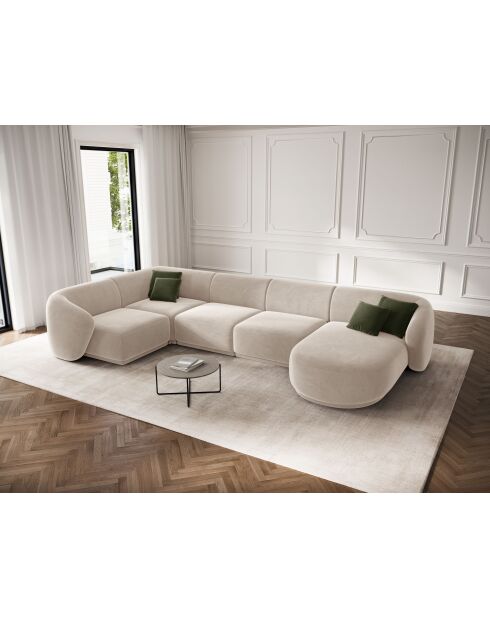 Canapé d'angle panoramique (côté gauche) velours Louis 6 places beige - 336x166x74 cm