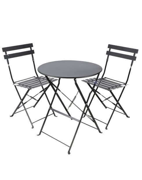 Mistral tuinset van zwart metaal, tafel en 2 klapstoelen - 110x70x70cm/41x45x80cm