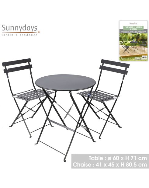 Mistral tuinset van zwart metaal, tafel en 2 klapstoelen - 110x70x70cm/41x45x80cm