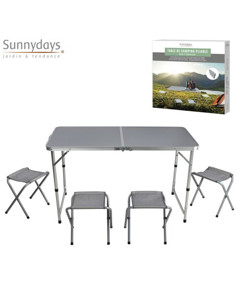 Faltbarer Campingtisch mit 4 Hockern aus grauem Aluminium - 120x60x67 cm