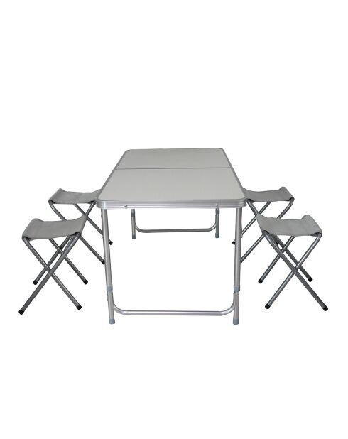 Faltbarer Campingtisch mit 4 Hockern aus grauem Aluminium - 120x60x67 cm