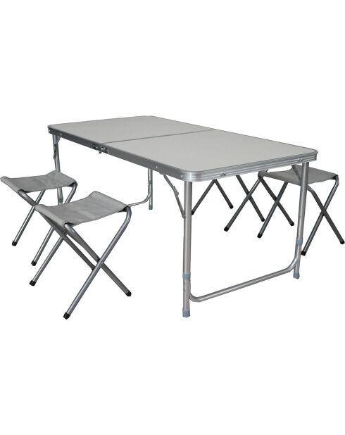 Faltbarer Campingtisch mit 4 Hockern aus grauem Aluminium - 120x60x67 cm
