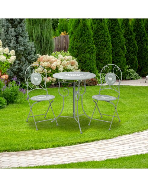 Ensemble de jardin, table et 2 chaises pliables en métal Menton gris - 45x45x41cm/55x42 x 94cm