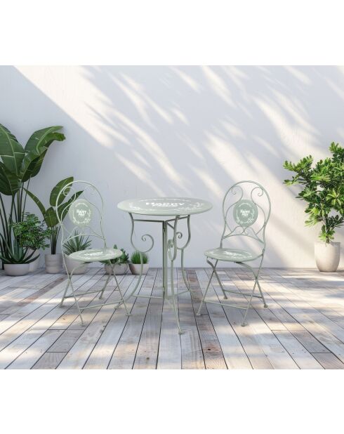 Ensemble de jardin, table et 2 chaises pliables en métal Menton gris - 45x45x41cm/55x42 x 94cm