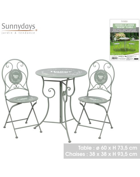 Ensemble de jardin, table et 2 chaises pliables en métal Menton gris - 45x45x41cm/55x42 x 94cm