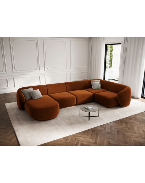 Canapé d'angle panoramique (côté droit) velours Louis 6 places terracotta - 336x166x74 cm