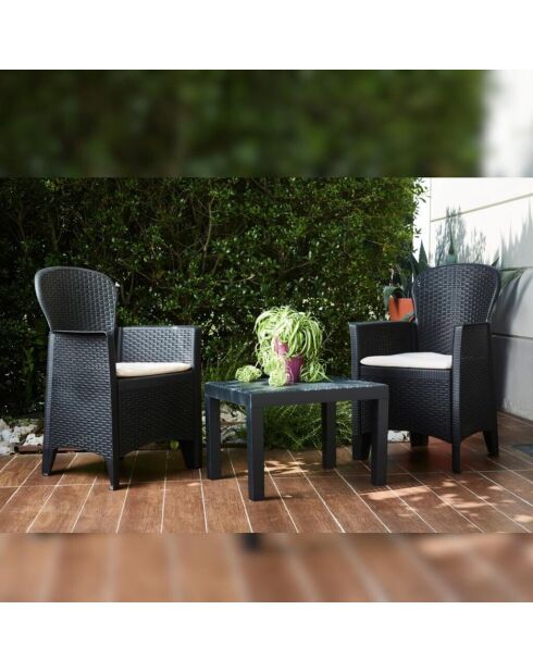 Salon de jardin Le plastik Akita avec coussins et table noir- 59x46x40cm
