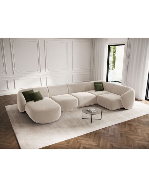 Canapé d'angle panoramique (côté droit) velours Louis 6 places beige - 336x166x74 cm