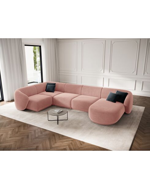 Canapé d'angle panoramique (côté gauche) velours Louis 6 places rose - 336x166x74 cm