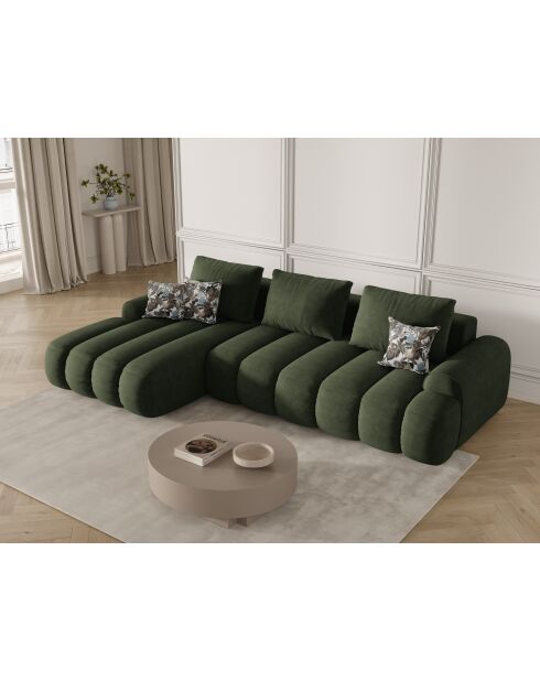 Canapé d'angle gauche velours convertible avec coffre de rangement Simona 3 places vert - 275x142x84 cm
