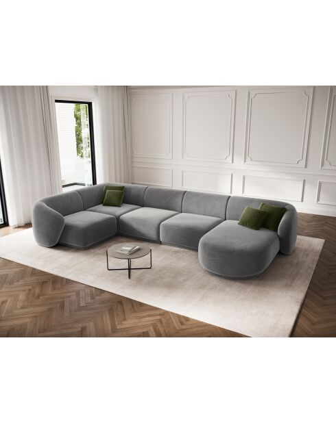 Canapé d'angle panoramique (côté gauche) velours Louis 6 places gris - 336x166x74 cm