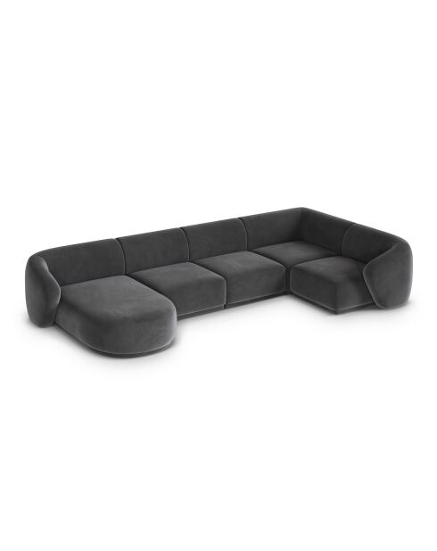 Canapé d'angle panoramique (côté droit) velours Louis 6 places gris foncé - 336x166x74 cm
