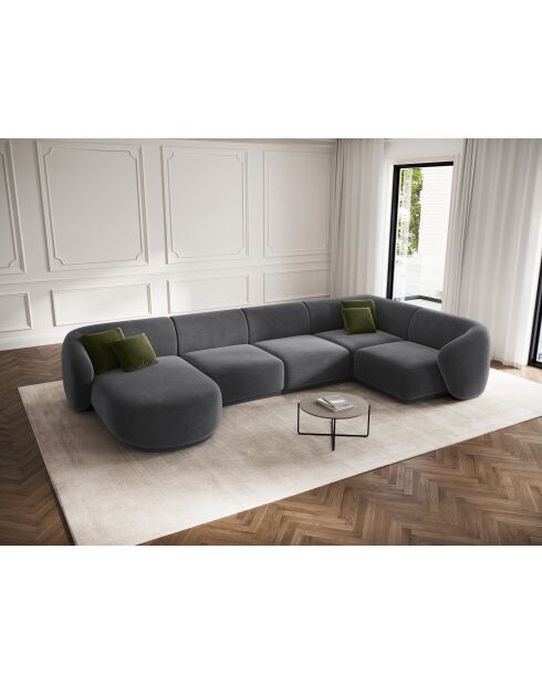 Canapé d'angle panoramique (côté droit) velours Louis 6 places gris foncé - 336x166x74 cm