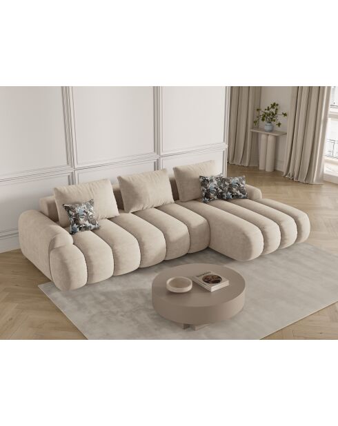 Canapé d'angle droit velours convertible avec coffre de rangement Simona 3 places beige clair - 275x142x84 cm