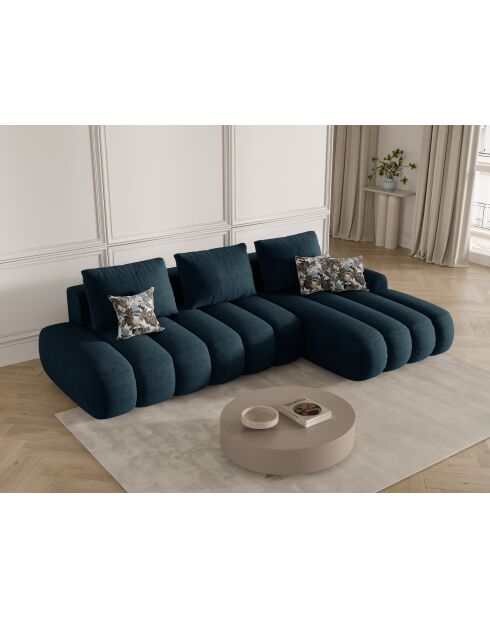 Canapé d'angle droit velours convertible avec coffre de rangement Simona 4 places pétrole profond - 275x142x84 cm