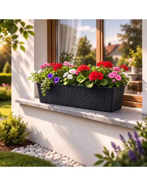 Set di 2 fioriere in plastica Garden & plastic effetto rattan alla liquirizia - 50x19x14,5 cm