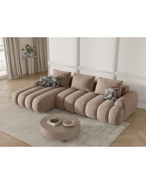 Canapé d'angle gauche velours convertible avec coffre de rangement Simona 3 places beige foncé - 275x142x84 cm