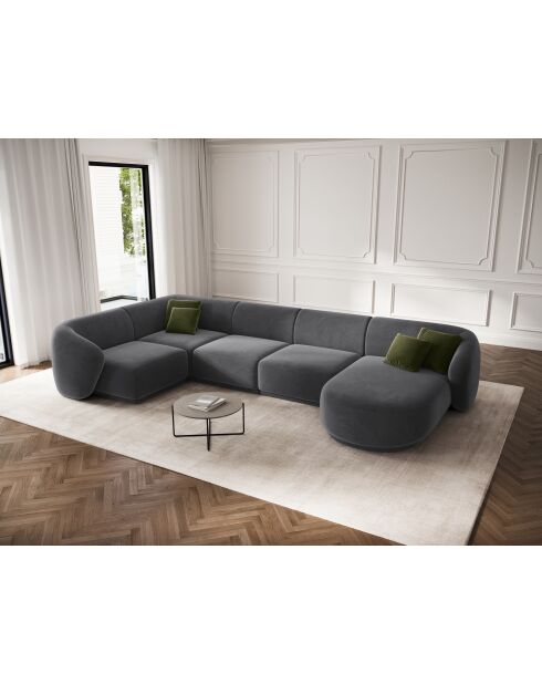 Canapé d'angle panoramique (côté gauche) velours Louis 6 places gris foncé - 336x166x74 cm